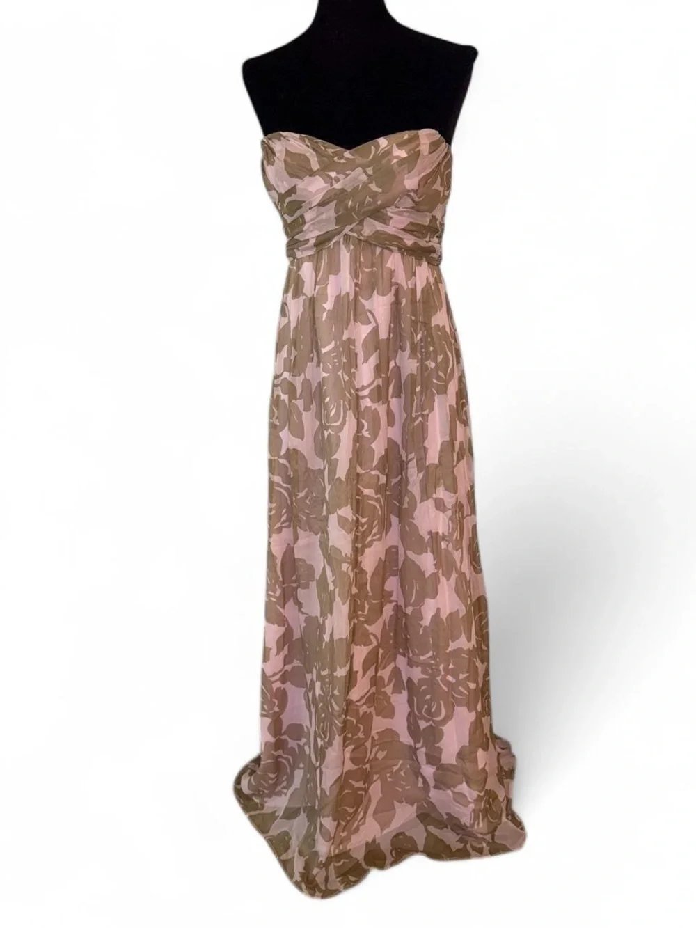J. Crew Rose Tan 100% Silk Chiffon Long Maxi Dress Sweetheart Neck Gown Size 4